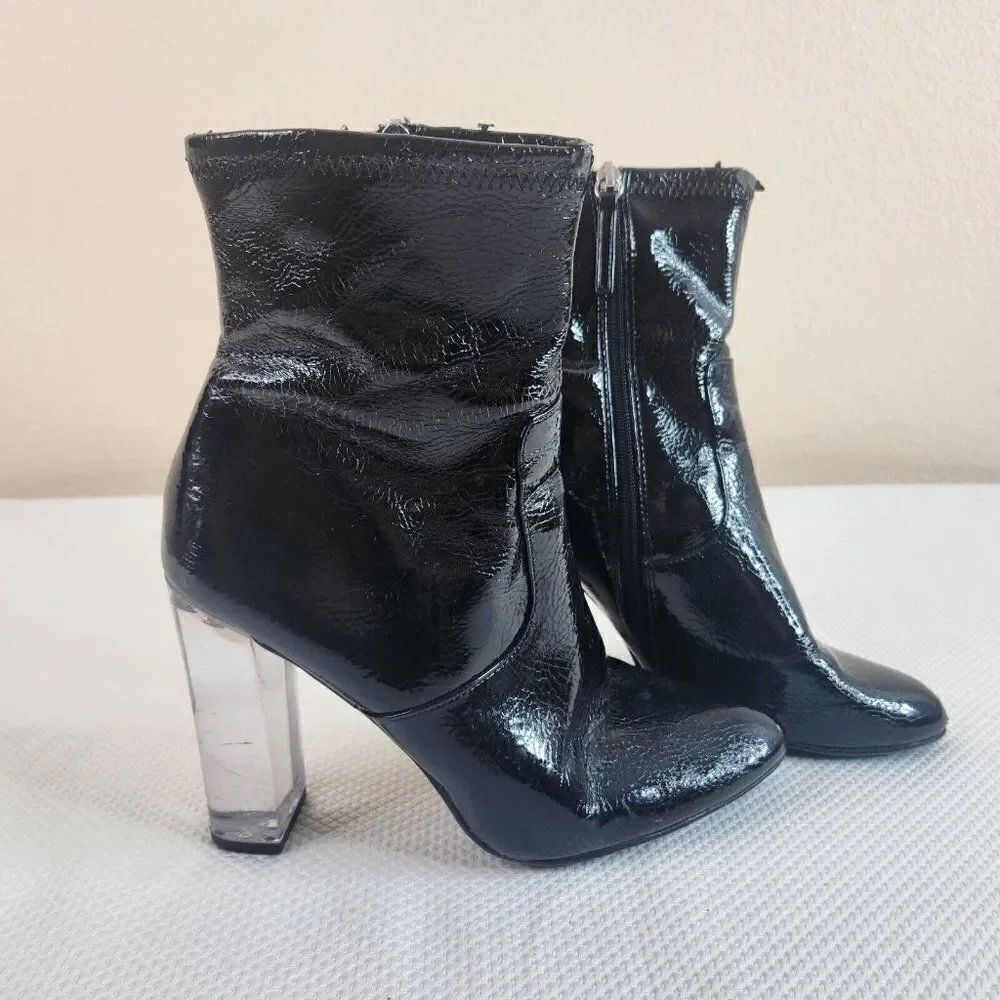 Steve Madden 90s Eminent Patent Leather Boots Lucite Heel Black Size 10 Booties